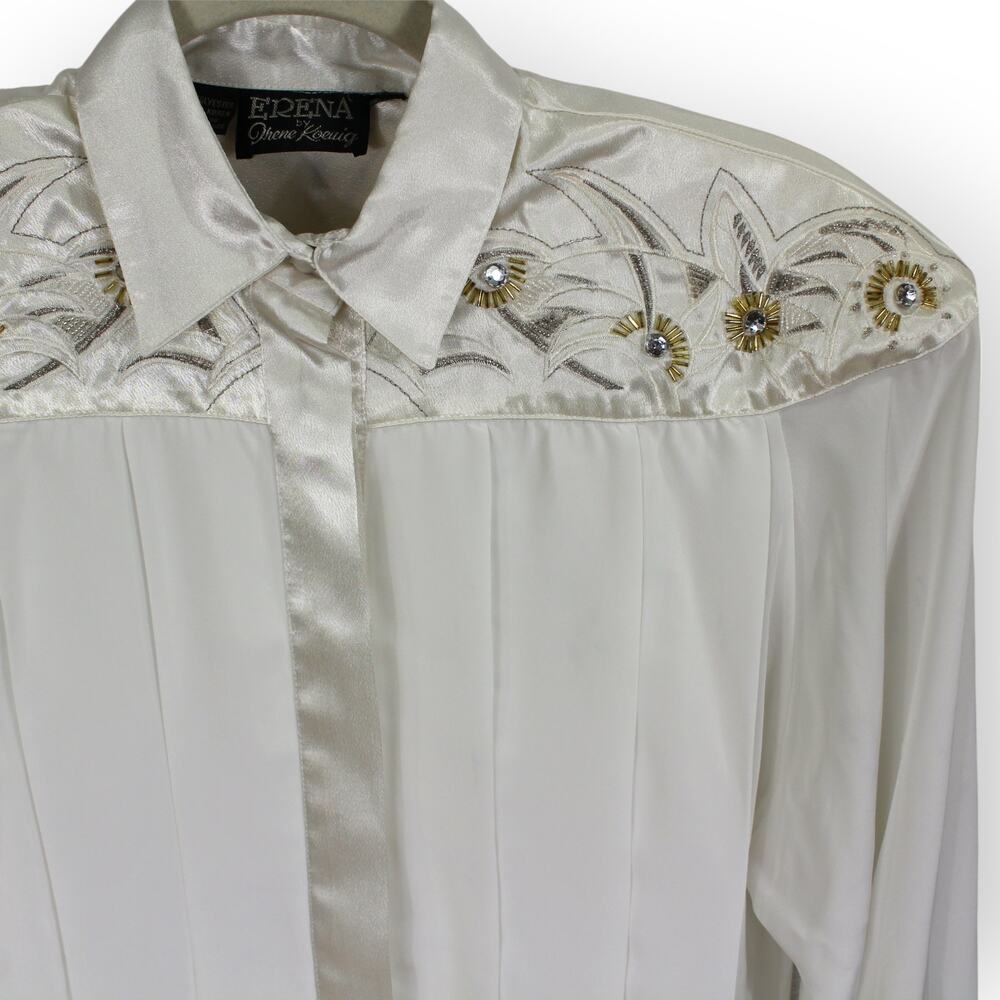 Vintage Erena by Irene Koenig Satin Blouse Ivory Embellished Yoke 80s XS/S - Picture 11 of 16